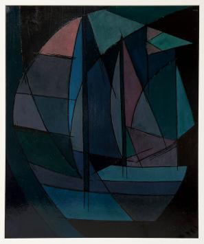 Abstracte zeilboten, olie op karton door Léon Smets, geometrische compositie met blauw- en groentinten, ingelijst.