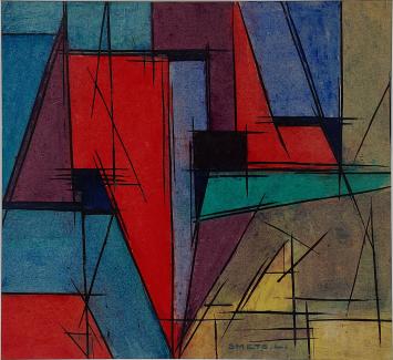 De Belgische schilder Léon Smets met abstract schilderij