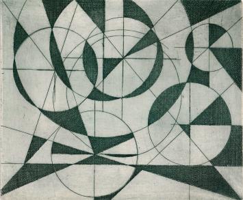 De Belgische etser Léon Smets met een abstract kunstwerkje
