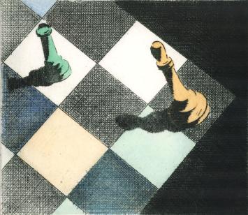 De Belgische etser Léon Smets met een grafisch kunstwerkje