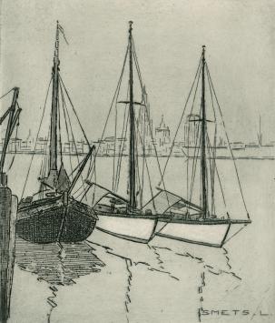 De Belgische etser Léon Smets met een maritieme ets