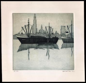 Kleine ets van Léon Smets in kleur gedrukt