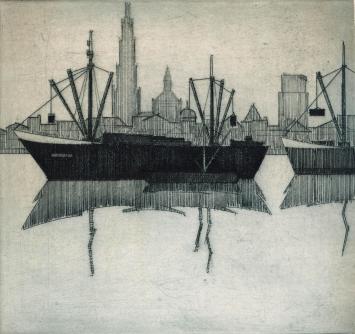 De Belgische graficus Léon Smets met een ets van boten