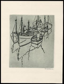 Vissersboten en vissers geëtst door Mechelse kunstenaar Léon Smets