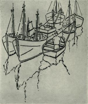 De Belgische etser Léon Smets met een grafisch kunstwerkje