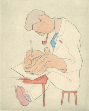 De Mechelse etser Léon Smets met een klein grafisch kunstwerkje