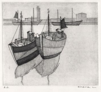 Een kleine ets van Léon Smets, boten te oostende