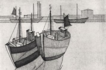 Vissersboten te Oostende, ets van L. Smets