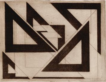 De Belgische etser Léon Smets met een abstract kunstwerkje