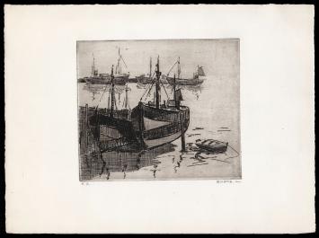 Vissersboten geëtst door Mechelse kunstenaar Léon Smets