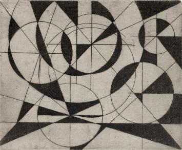 De Belgische etser Léon Smets met een abstract kunstwerkje