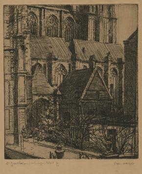 Belgische etser R. Malfliet met een ets van Antwerpen