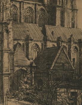 Romain Malfliet met een ets van kerktoren te Antwerpen