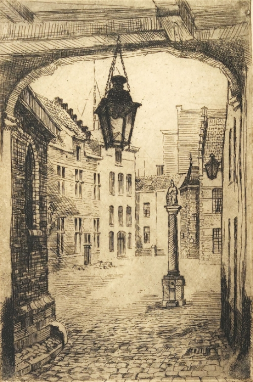 Romain Malfliet met een ets van Antwerps zicht