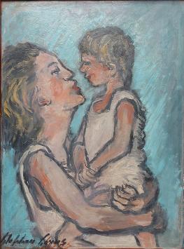 De Belgische schilder Stephan Gorus met een moeder en kind