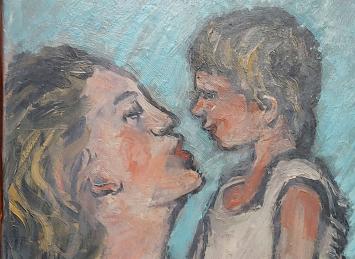 Schilderijtje met moeder en kind van S. Gorus