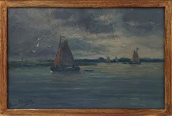 Romain Steppe met een schilderij van bootjes op de Schelde
