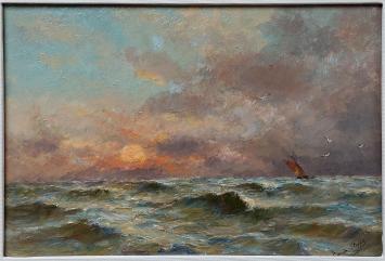 Romain Steppe met een schilderij van ondergaande zon