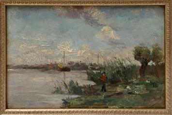 Romain Steppe met een schilderij van een visser