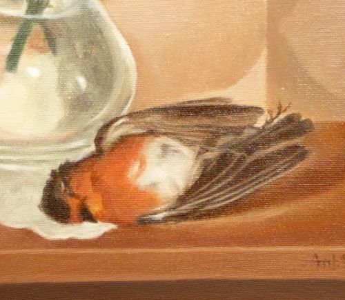 Antoon Luyckx  een stilleven met bloemen en vogel