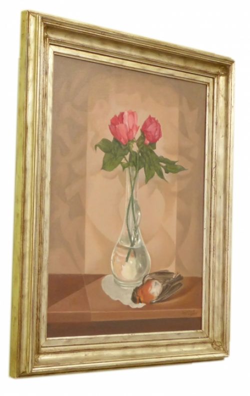 Stilleven Vaas met rozen en roodborstje 2001