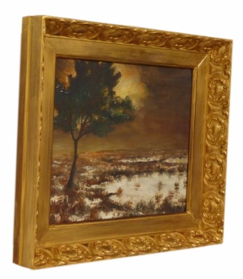 Boom in besneeuwd heidelandschap