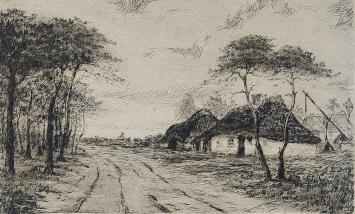 Jos Stokbroekx met een ets van een hoeve te Bokrijk