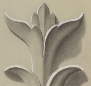 Nederlandse kunstenaar J. Storm met een tekening van een acanthus blad