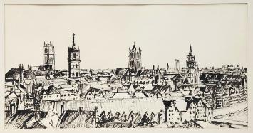 Tekening van Lucien Calus, de skyline van Gent