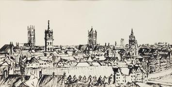 Lucien Calus  met een tekening op papier