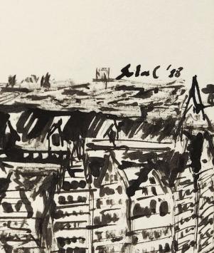 De Belgische kunstenaar Lucien Calus met een tekening in stift