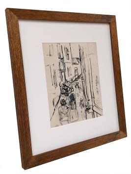 Tekening, 4 mensen in de straat