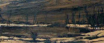 Stephaan Tessely  met een schilderij op paneel geschilderd