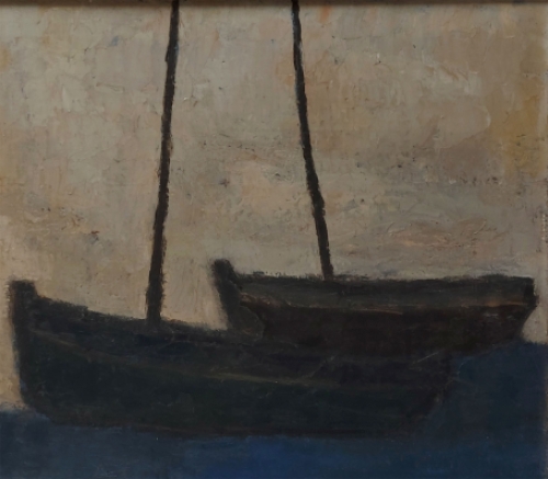 Theo Humblet met een olieverfschilderij