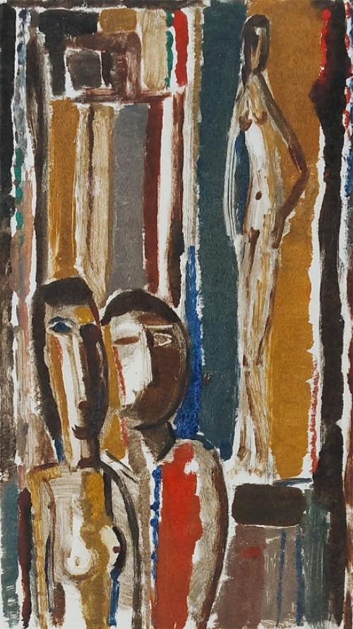 Theo Humblet met een waterverfschilderij uit 1958