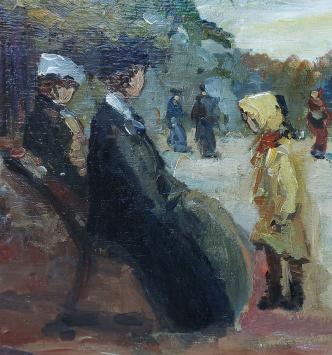 Theo Humblet met een schilderij naar de Franse meesters