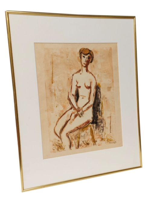 Monotype, naakt zittende dame