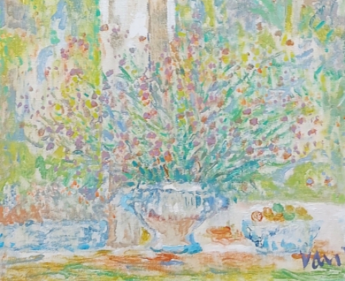 Théo Van Rintel met een groot schilderij op doek