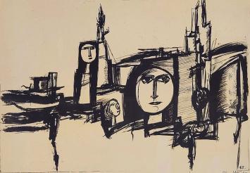 Theo Humblet met een groot grafisch kunstwerk in een kader