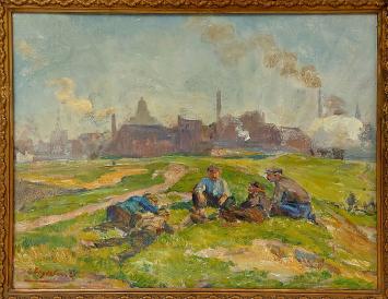 Emile Thysebaert met een olieverfschilderij