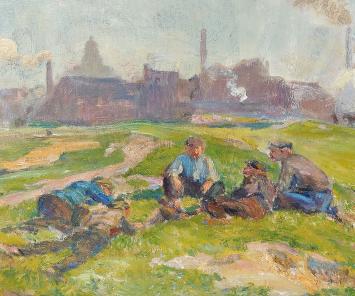 Schilderij van Emile Thysebaert, met arbeiders