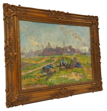 Fabrieksarbeiders schaften in het veld