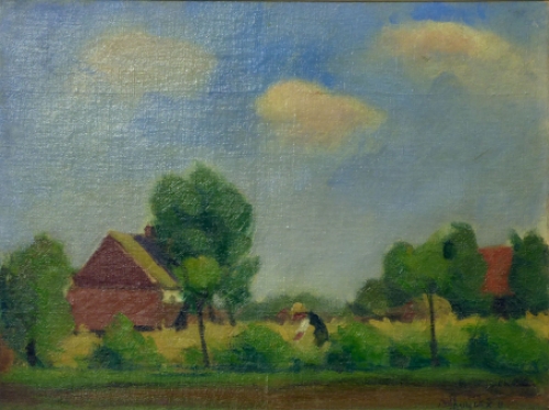 De Belgische schilder Antoon Luyckx  met een schilderij met een boerderijtje