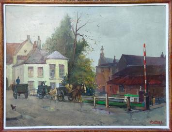 Painting “Zicht op Lier 1944” by Jos Tilleux with horse-drawn carts, buildings and a bridge.
