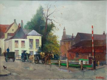 Tableau “Zicht op Lier 1944” de Jos Tilleux avec charrettes, bâtiments et petit pont.