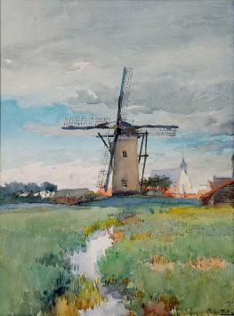 Aquarel van een windmolen van Louis Titz kopen