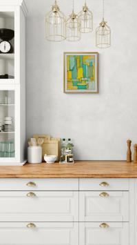 Abstract schilderij, geel-groen-blauwe vlakken