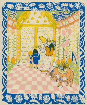 De Belgische kunstenaar Edgard Tytgat  met een houtsnede