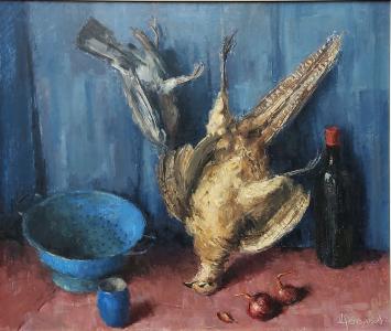 Victor Dooms met een groot schilderij