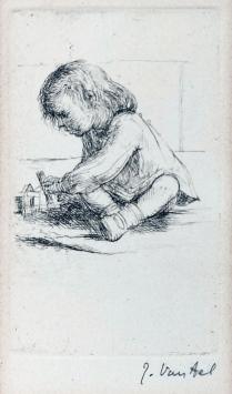 Spelend kindje van Jules Van Ael, kleine ets